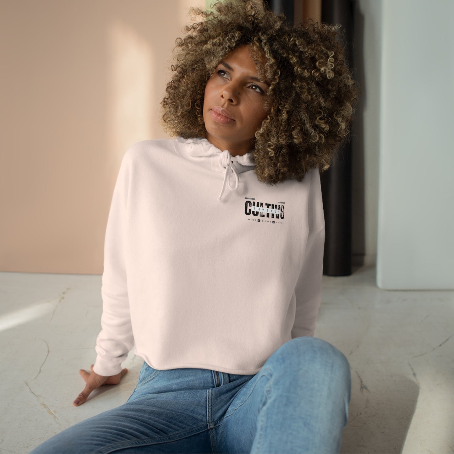 "Bold Statement, Cozy Comfort: Cultiv8 Thyself CROPPED Hoodie for Empowered Living" in Graphic Black & White
