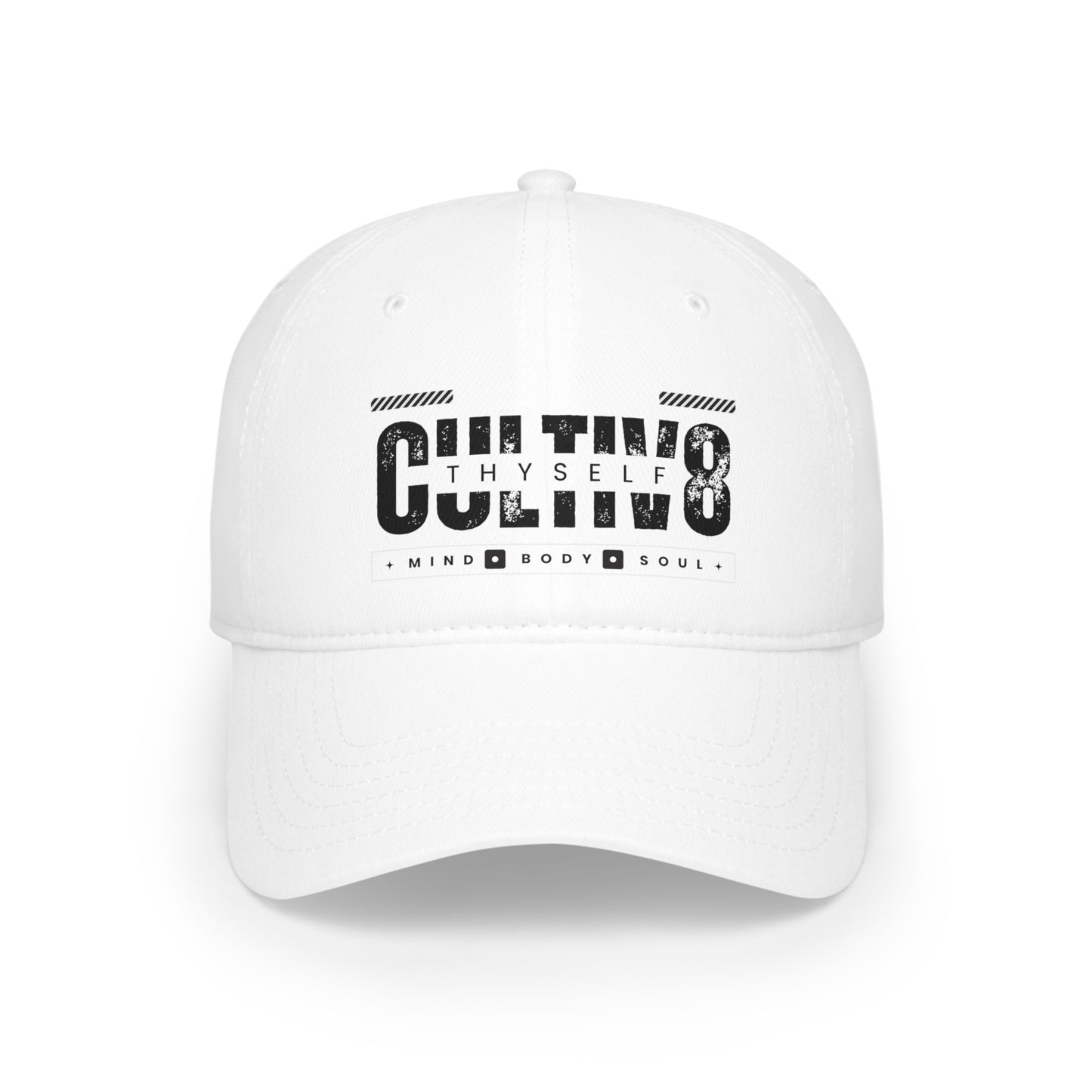 "Confidently Cultiv8d: Black & White Low Profile Hat" in Graphic Black and White