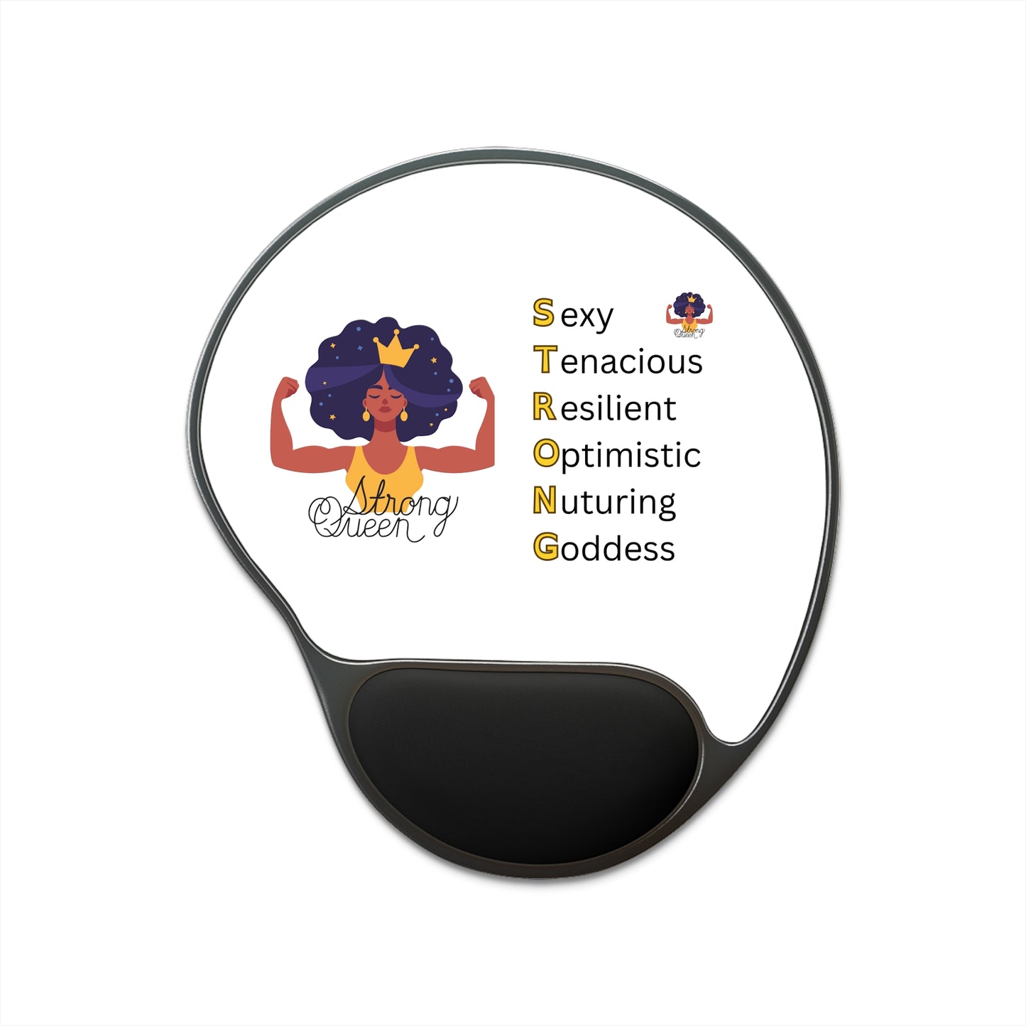 Crowned Goddess: Strong Queen Afro Mouse Pad with Wrist Rest and Empowerment Acronym (in white)