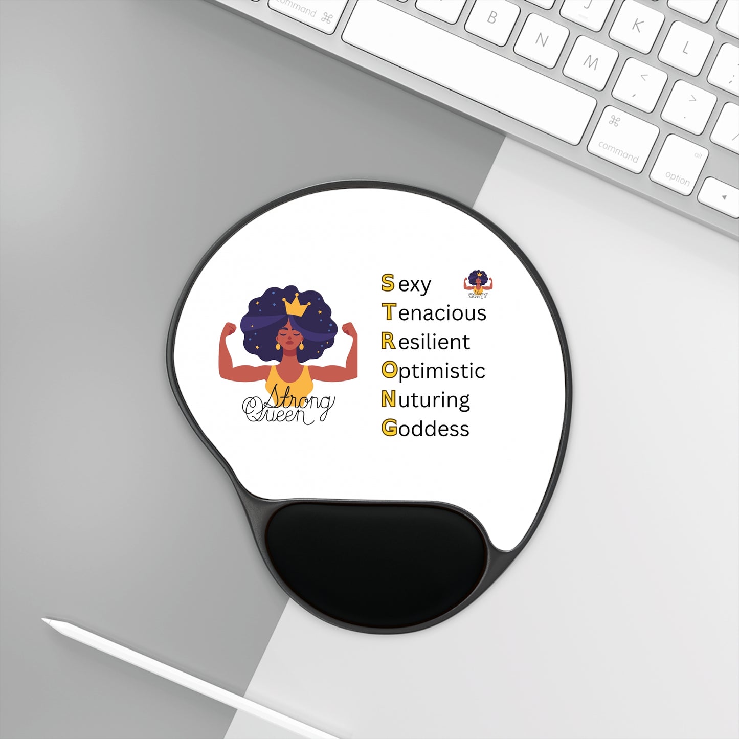 Crowned Goddess: Strong Queen Afro Mouse Pad with Wrist Rest and Empowerment Acronym (in white)