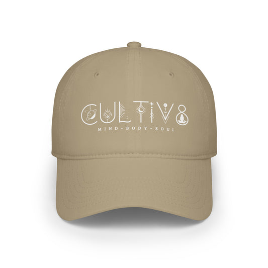 Hat: Celestial Font Cultiv8 Thyself Mind Body Soul (Need a Product Description and possible edit with stars in front of the C)